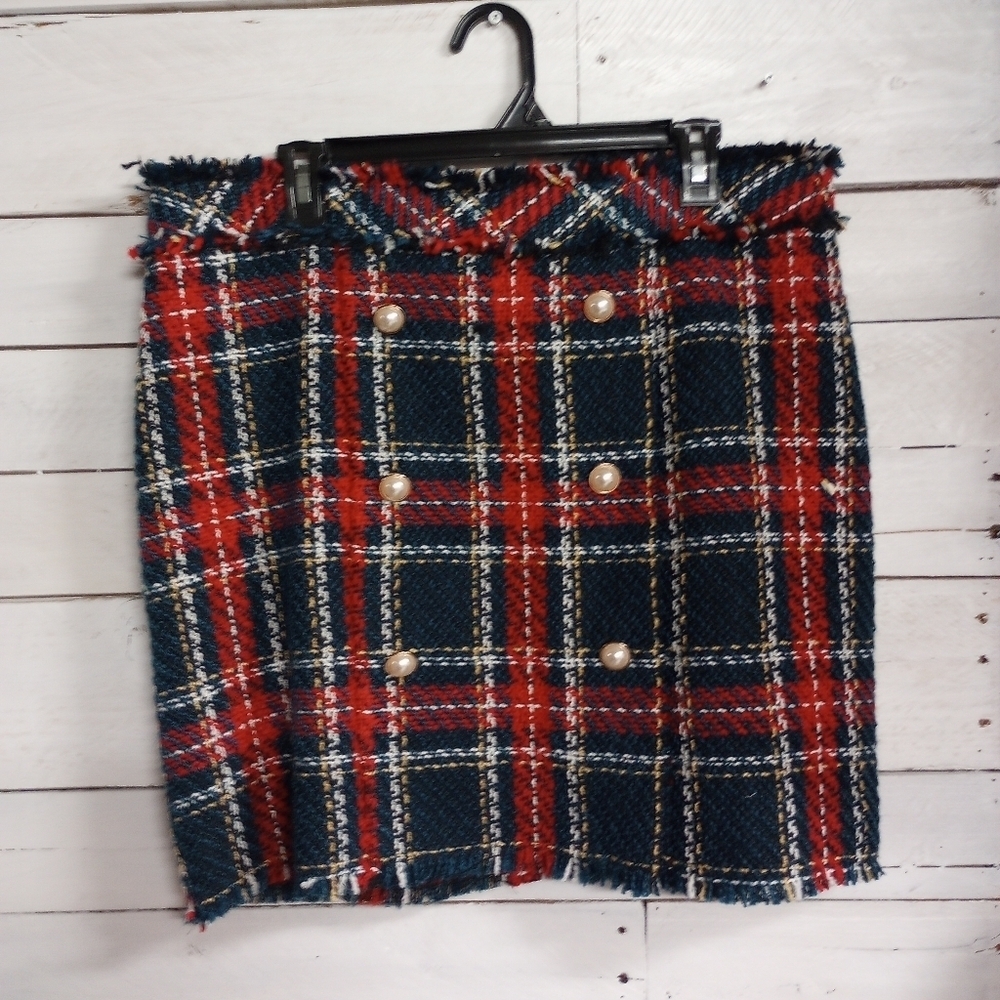 Pink Lily Women's Size 2XL Red Blue Tweed Skirt with Fringe, Lined, Back Zipper